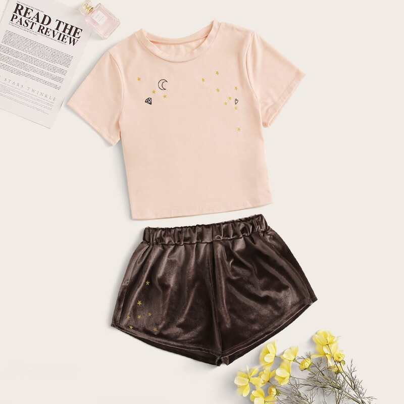 

Geo Print Top With Velvet Shorts PJ Set, Multicolor