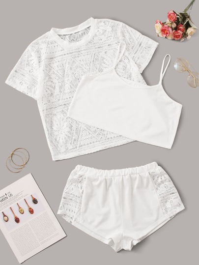 3pcs Cami PJ Set & Mesh Lace Top