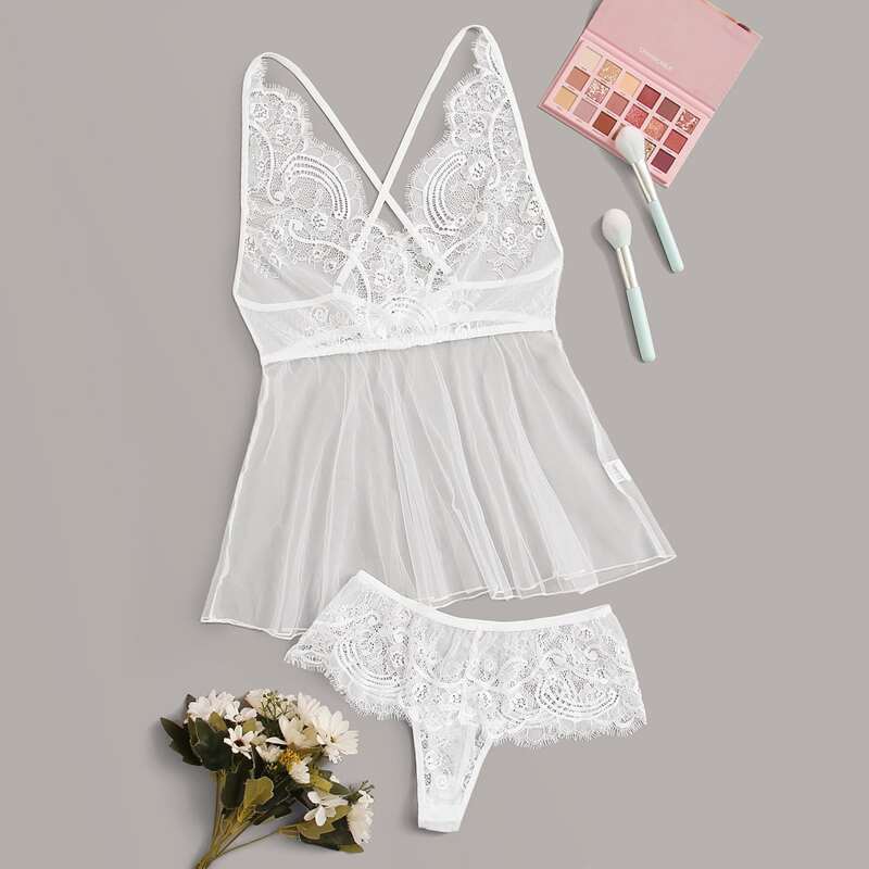 

Eyelash Lace Crisscross Slips With Thong, White