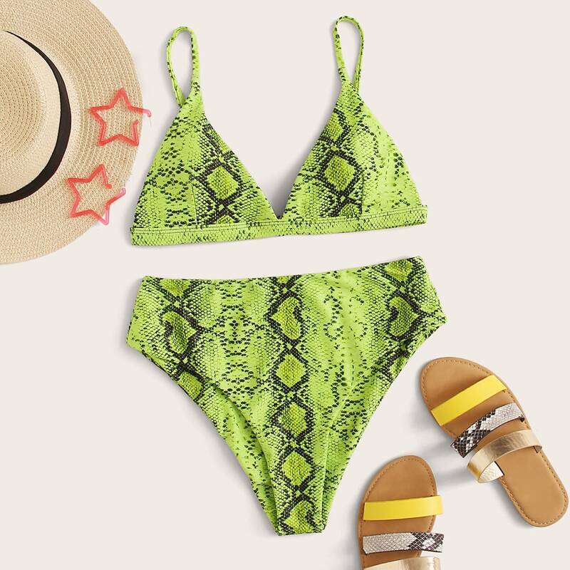 

Snakeskin Print Top With High Waist Bikini Set, Multicolor