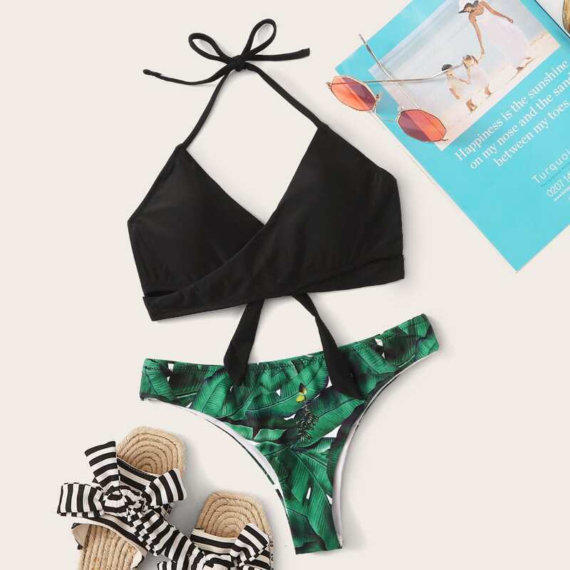 

Wrap Top With Tropical Print Bikini Set, Multicolor