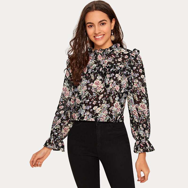

Frill Trim Floral Print Blouse, Multicolor