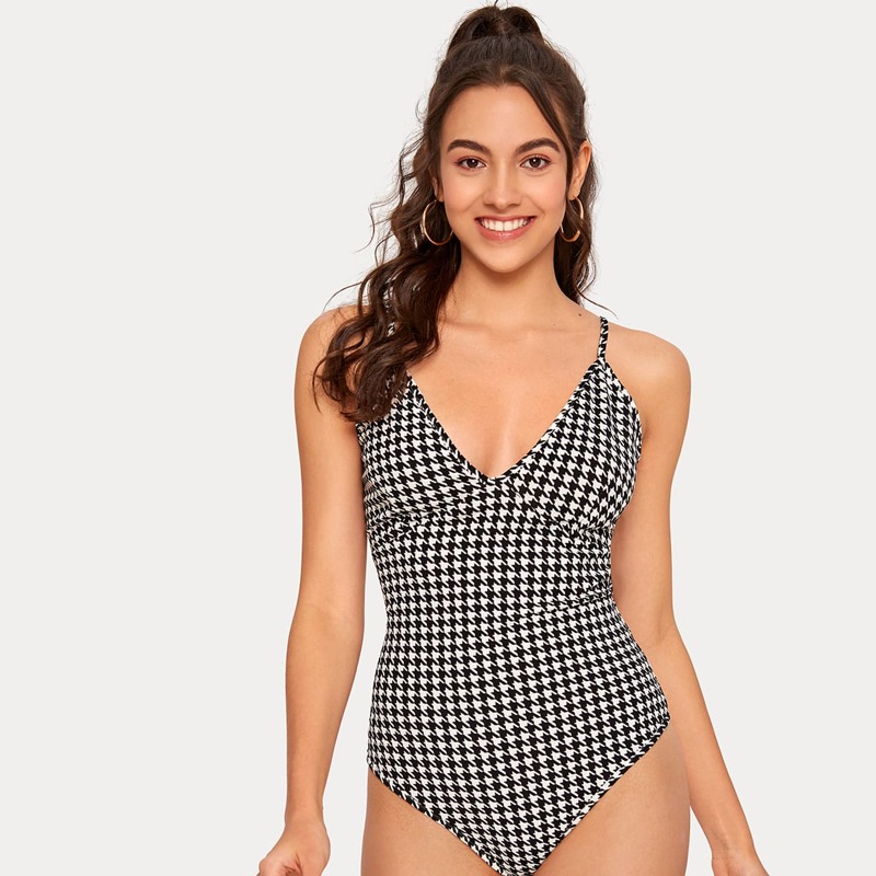 

Houndstooth Print Skinny Cami Bodysuit, Black and white