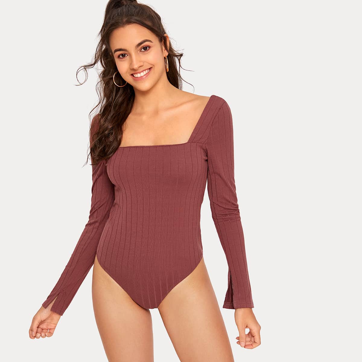 

Square Neck Split Cuff Rib-knit Bodysuit, Burgundy