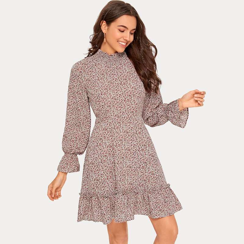 

Ditsy Floral Shirred Mock Neck Dress, Multicolor