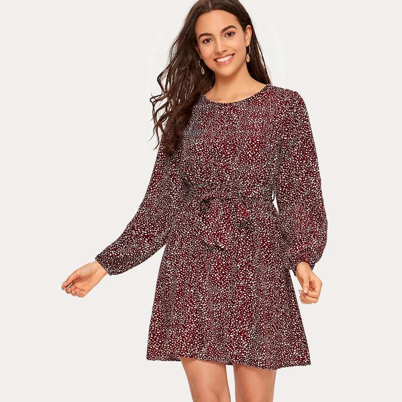 

Dalmatian Print Belted A Line Dress, Burgundy
