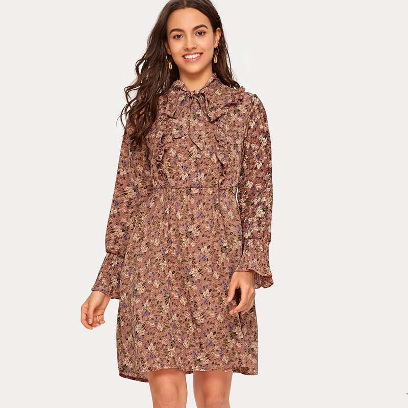 

Floral Print Tie Neck Lettuce Frill A-line Dress, Multicolor