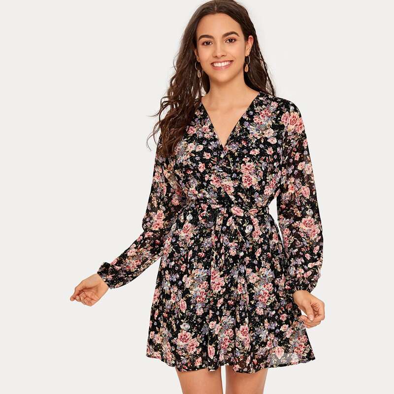 

Floral Print Surplice Belted Dress, Multicolor
