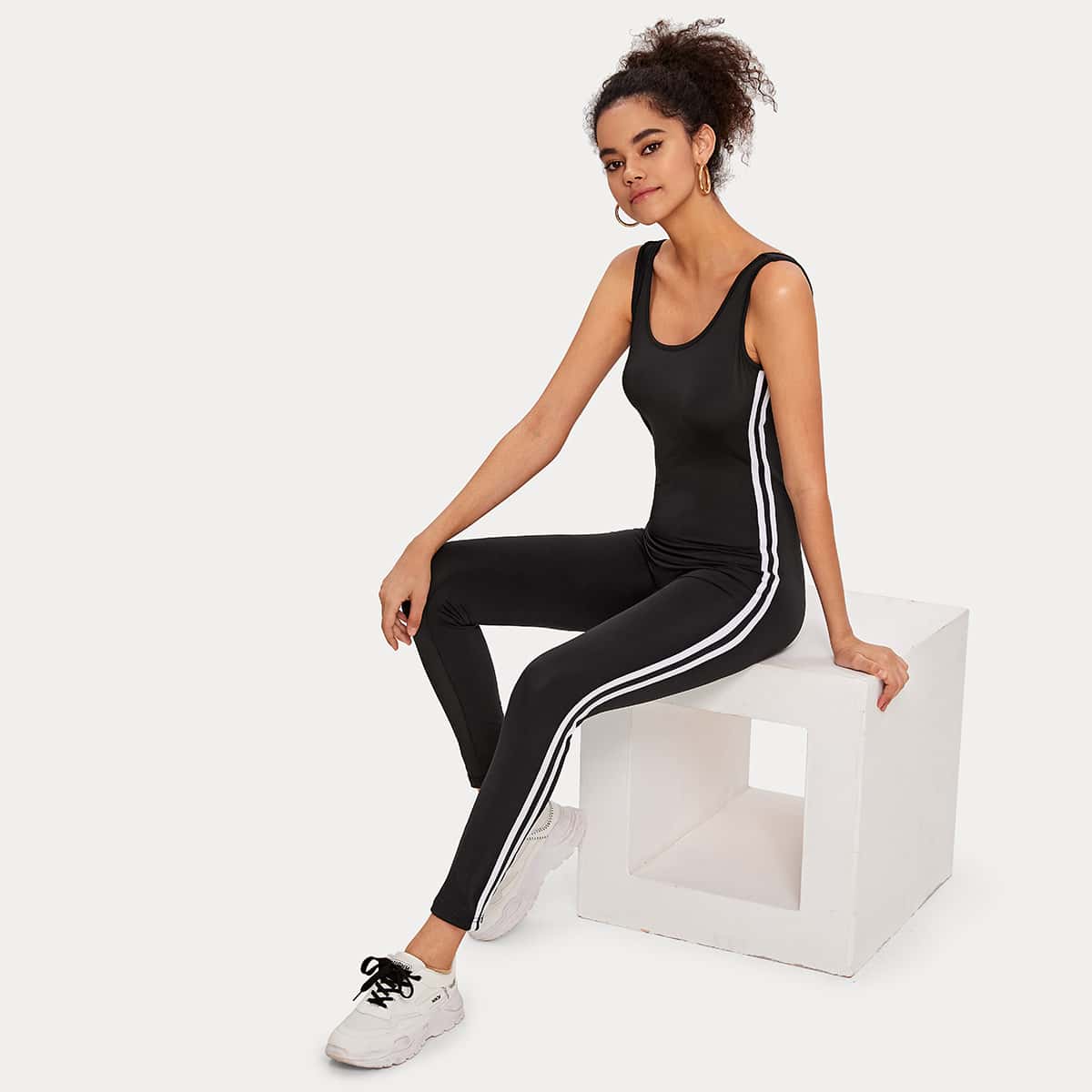 

Low Back Striped Side Unitard Jumpsuit, Black