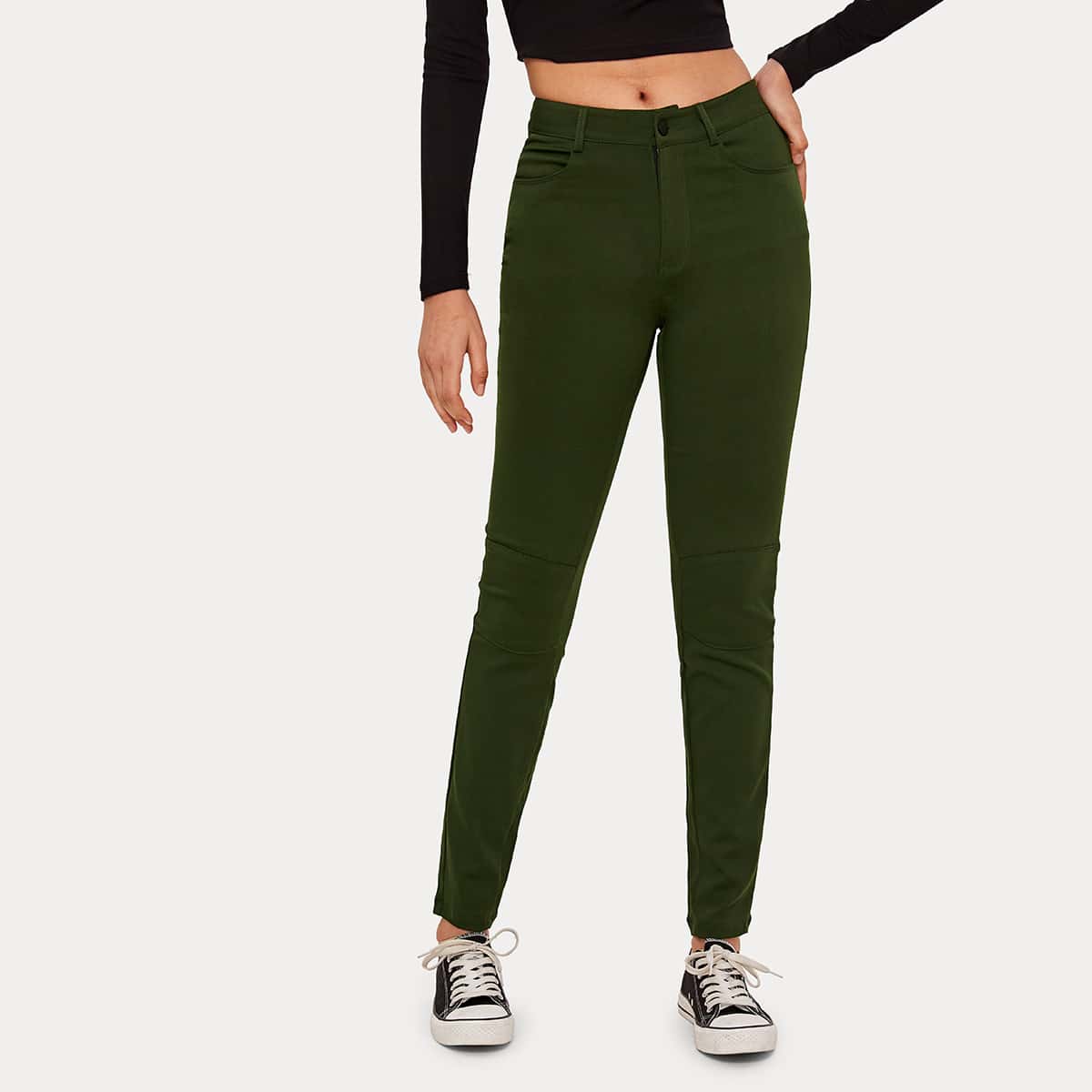 

Slant Pocket Button Fly Skinny Jeans, Army green