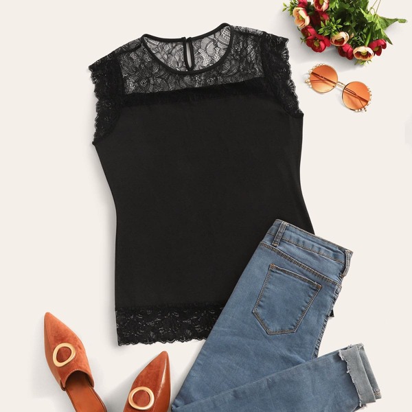

Plus Keyhole Back Lace Detail Tank Top, Black