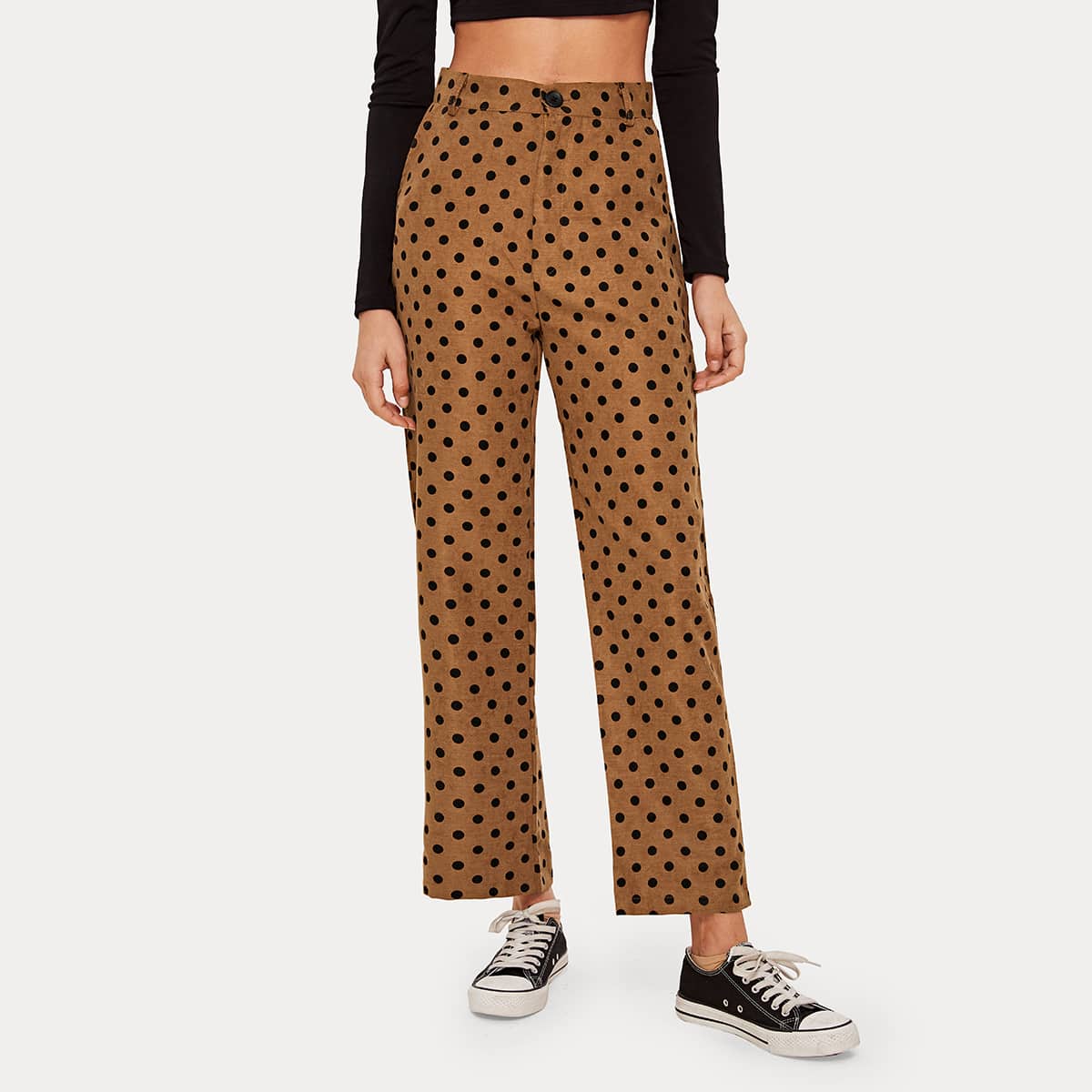 

Polka Dot Straight Leg Pants, Brown