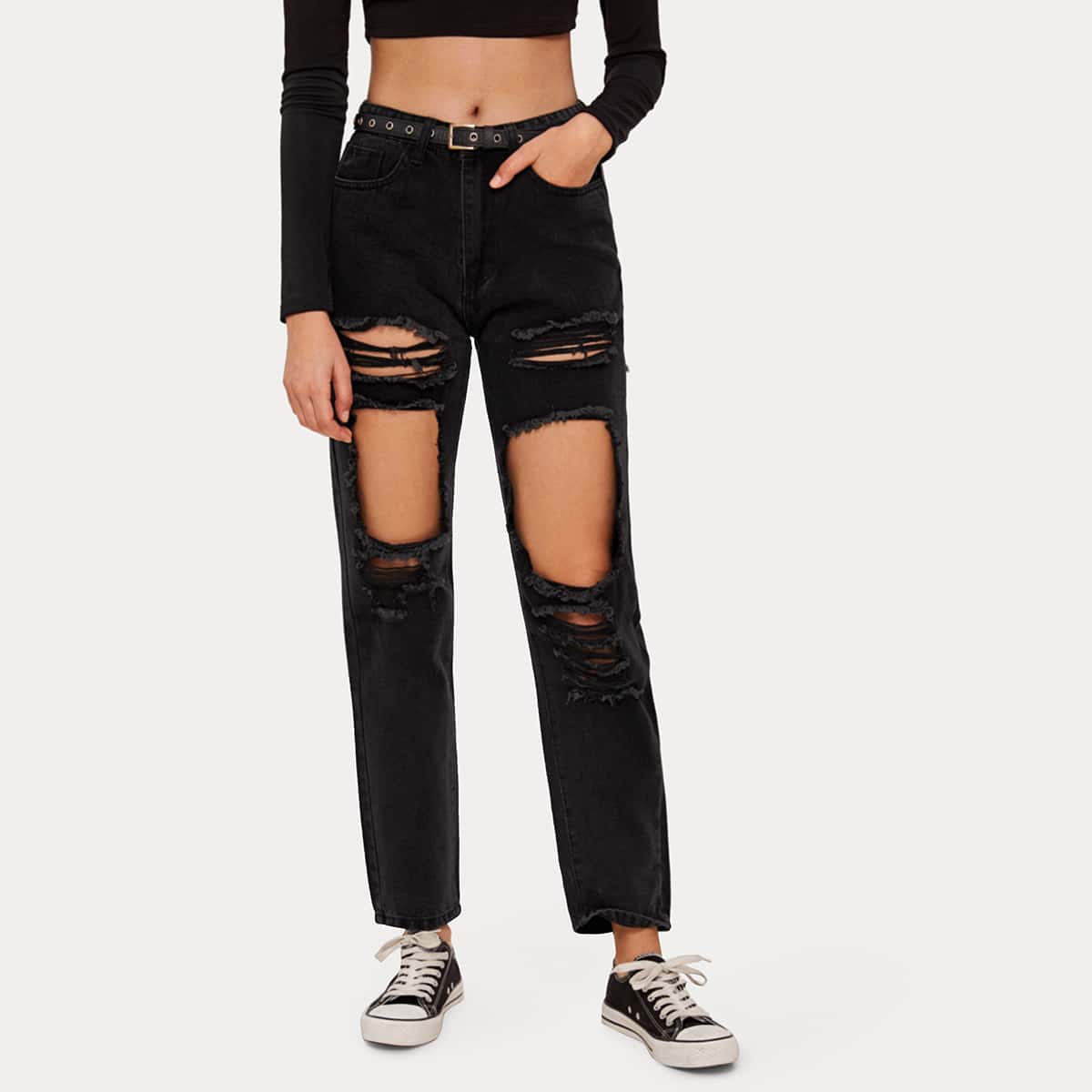 

Ripped Detail Straight Leg Jeans Without Belt, Black
