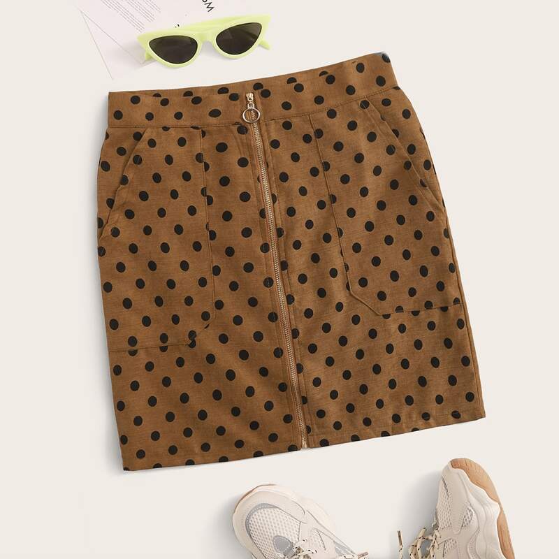 

Allover Polka Dot Corduroy Straight Skirt, Camel