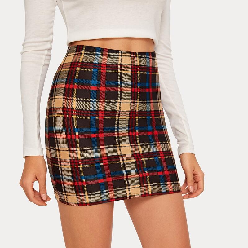 

Tartan Print Elastic Waist Bodycon Skirt, Multicolor