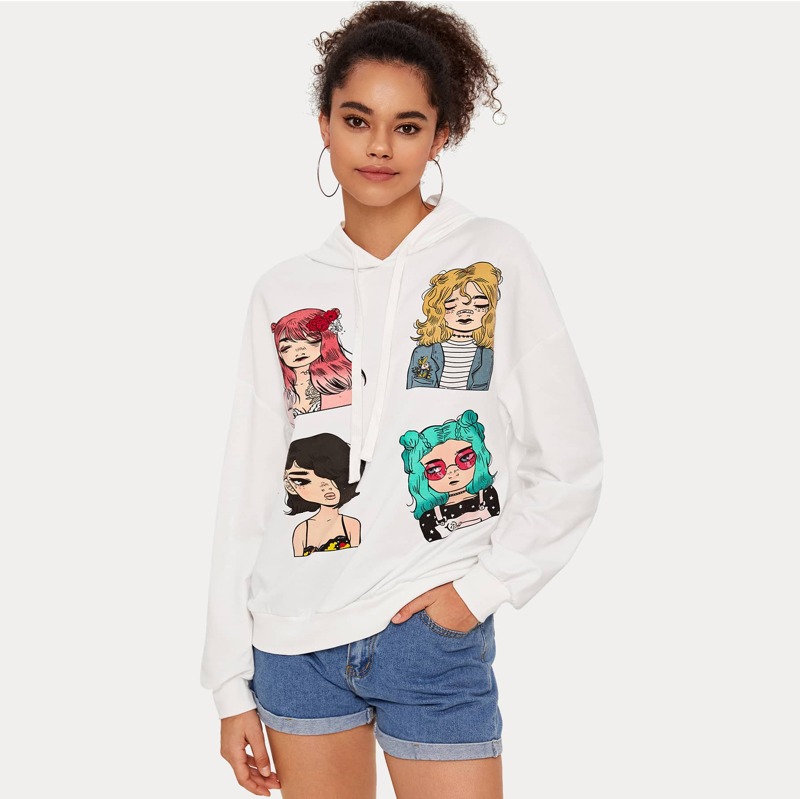 

Drawstring Detail Figure Graphic Hoodie, White