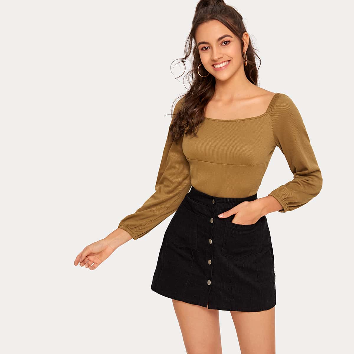 

Square Neck Rib-Knit Tee, Khaki