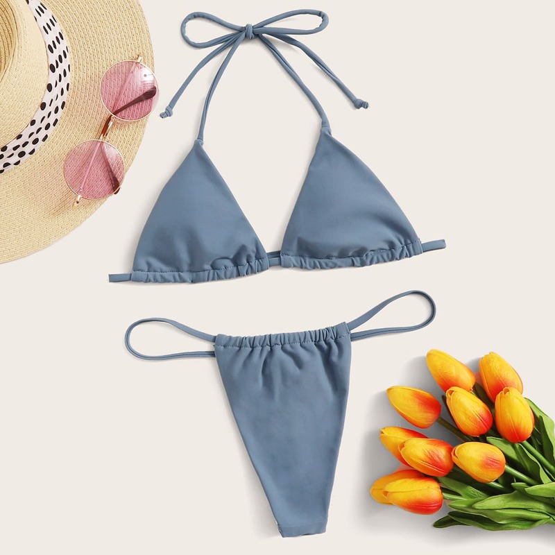 

Solid Halter Top With Thong Bikini Set, Blue