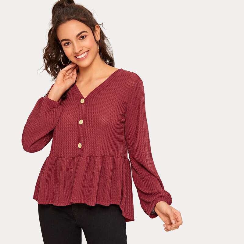 

V-Neck Button Up Ruffle Hem Tee, Red