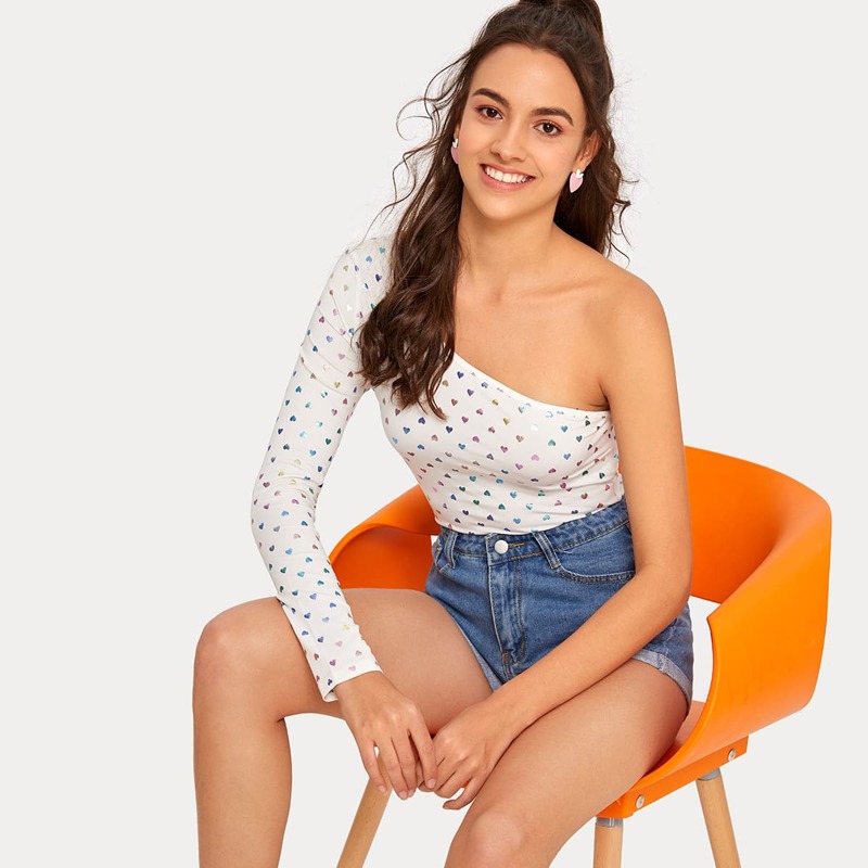 

Heart Print One Shoulder Tee, White