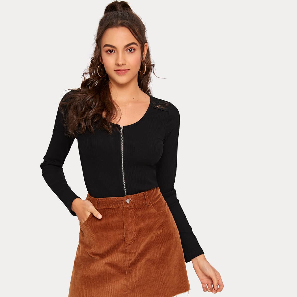 

Guipure Lace Insert Rib-knit Zip Up Tee, Black