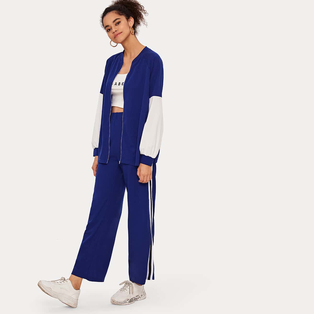 

Striped Tape Back Zip Up Bomber Jacket & Pants Set, Blue