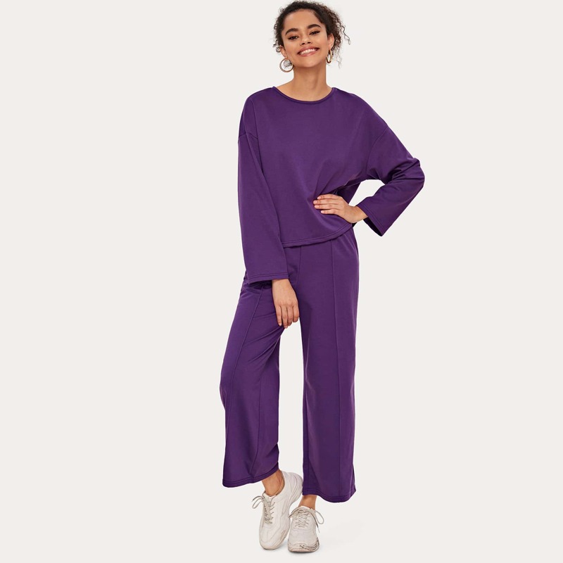

Drop Shoulder Solid Top & Seam Front Palazzo Pants Set, Purple