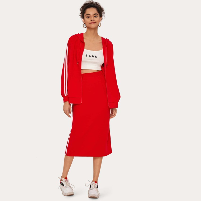 

Zip Up Striped Tape Side Sleeve Sweatshirt & Skirt Set, Red bright
