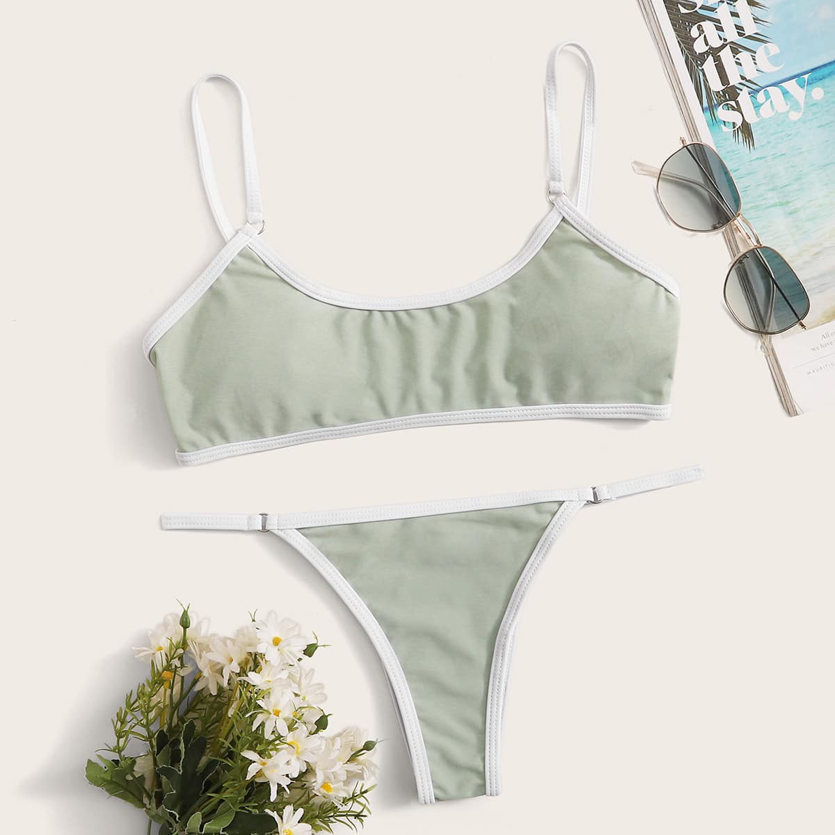 

Contrast Binding Top With Thong Bikini Set, Green