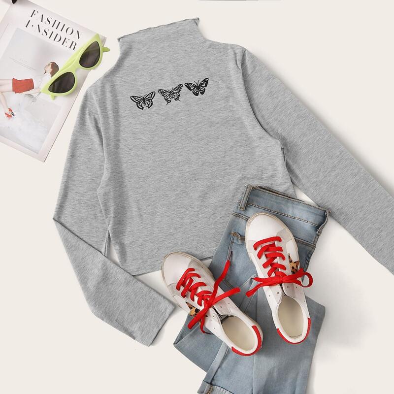 

Butterfly Print High Neck Grey Tee