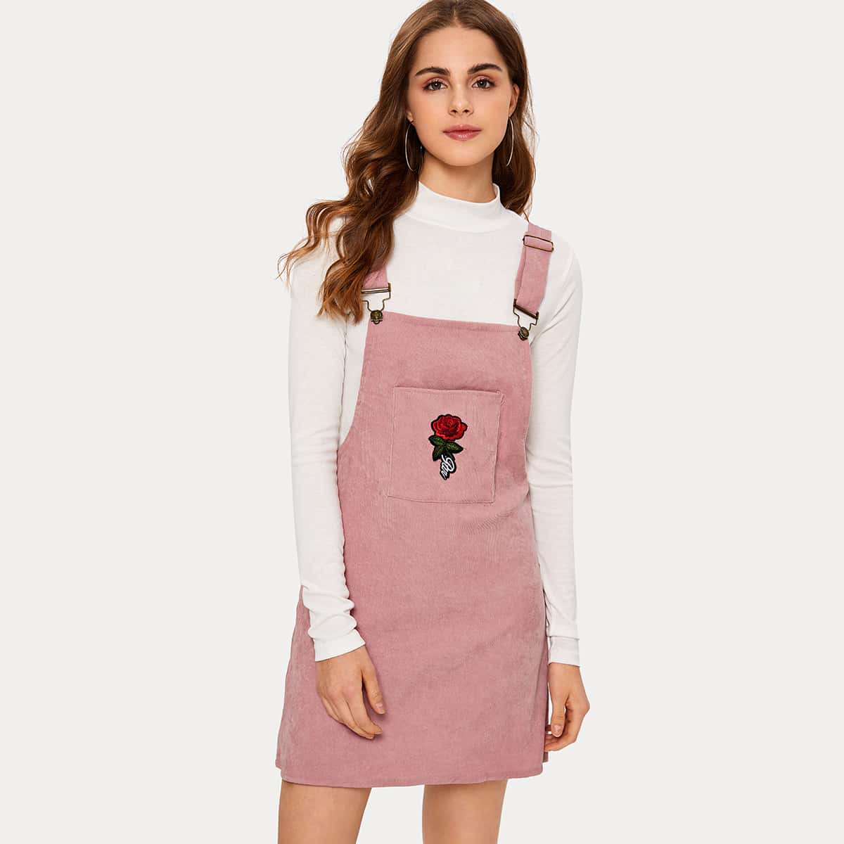 

Rose Embroidered Pink Corduroy Pinafore Dress