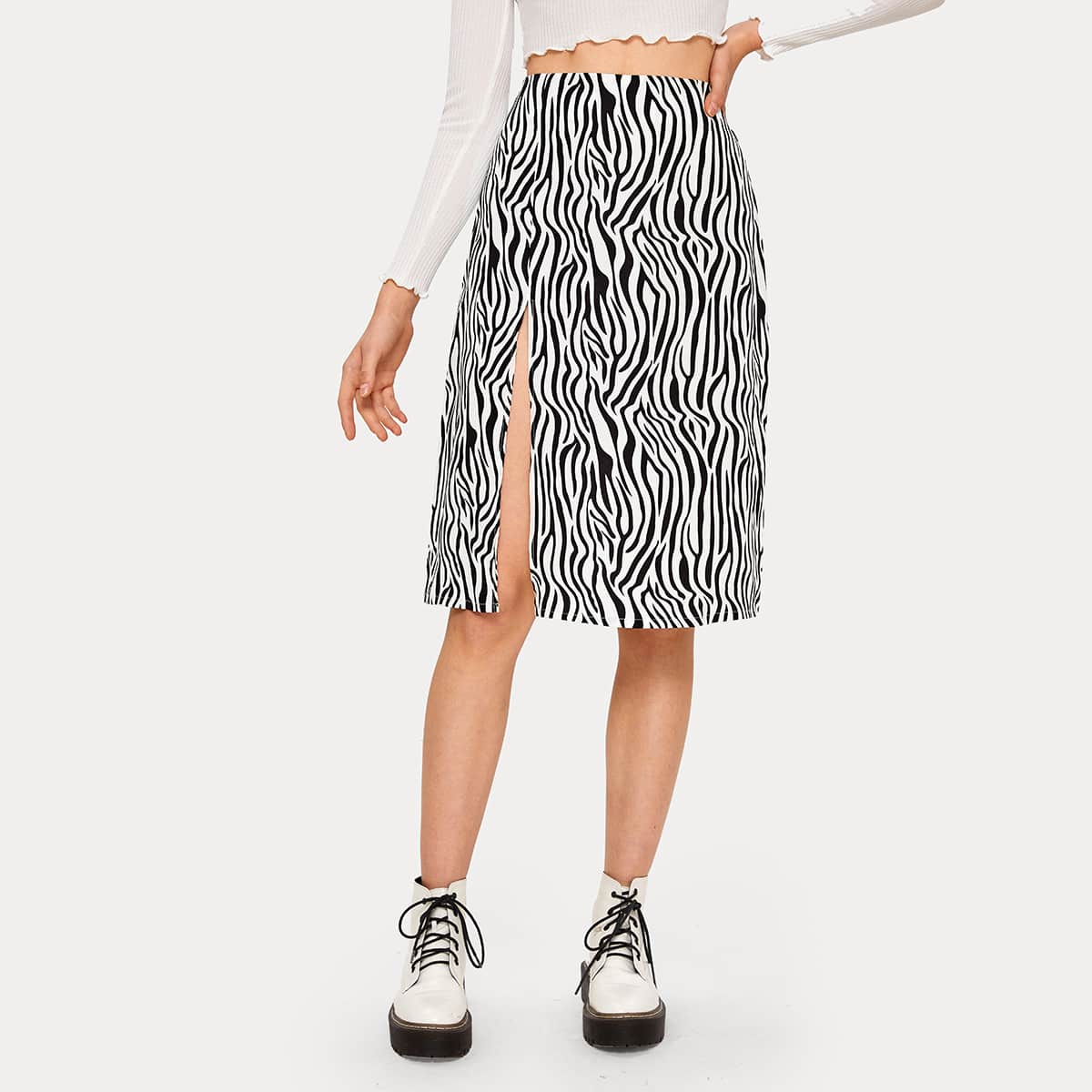 

High Split Zebra Skirt, Black and white