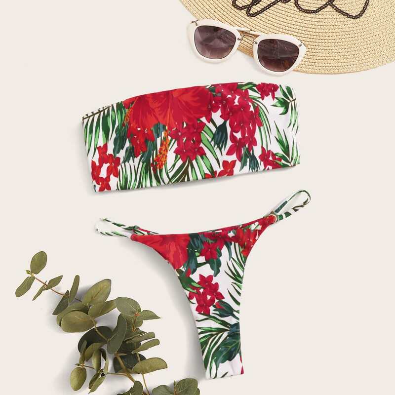 

Floral Print Bandeau With Thong Bikini Set, Multicolor