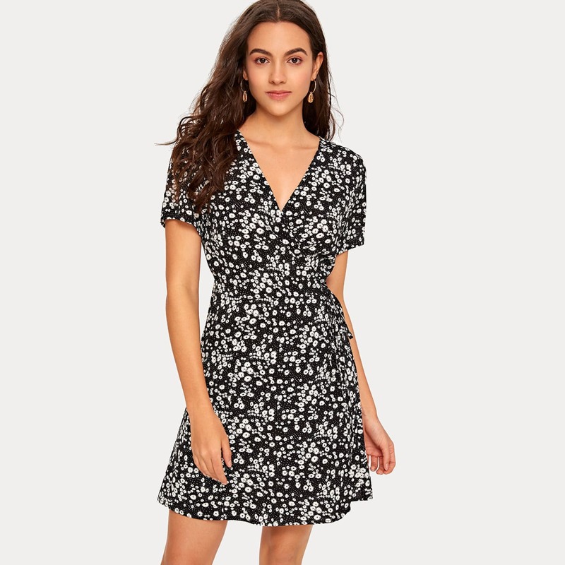 

Ditsy Floral Self Tie Wrap Black Dress