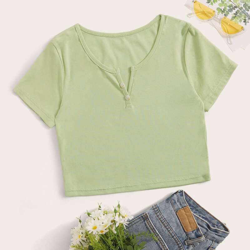 

Pastel Green Crop Henley Shirt, Green pastel