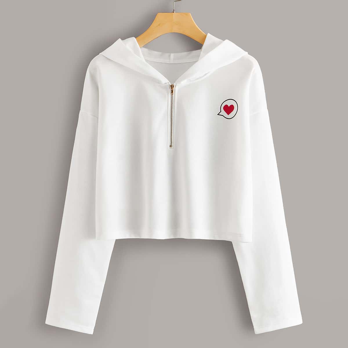 

Heart Print Half Zip White Hoodie
