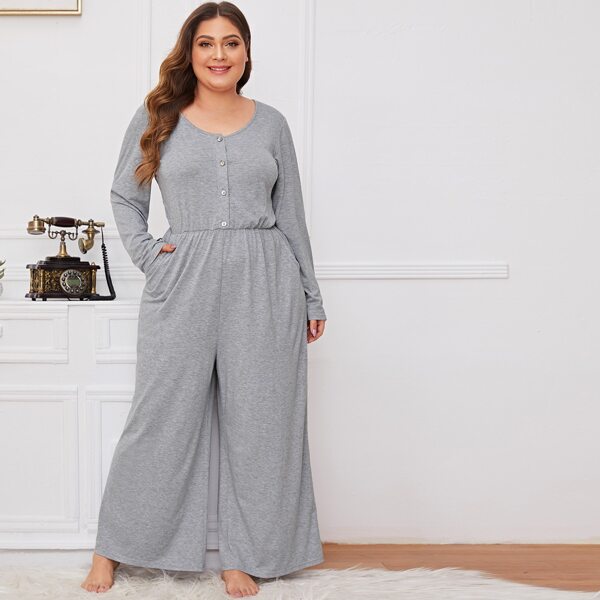 

Plus Button Front Long Sleeve Jumpsuit, Grey