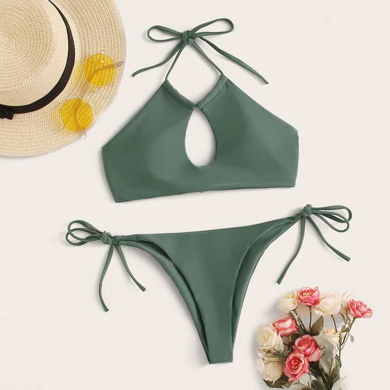 

Cutout Halter Top With Tie Side Bikini Set, Green