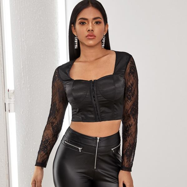 

Lace Sleeve Hook and Eye Bustier Crop Top, Black