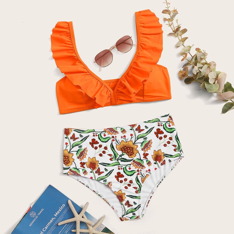 

Neon Orange Ruffle Top With Floral Print Bikini Set, Multicolor