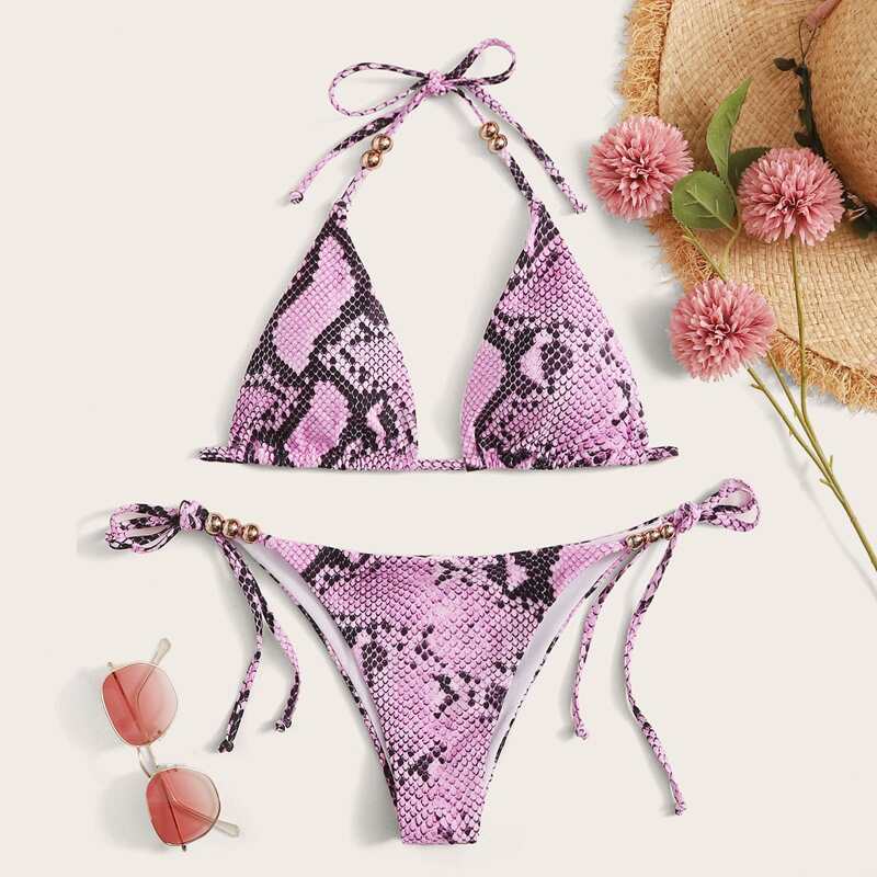 

Bead Decor Snakeskin Top With Tie Side Bikini Set, Multicolor
