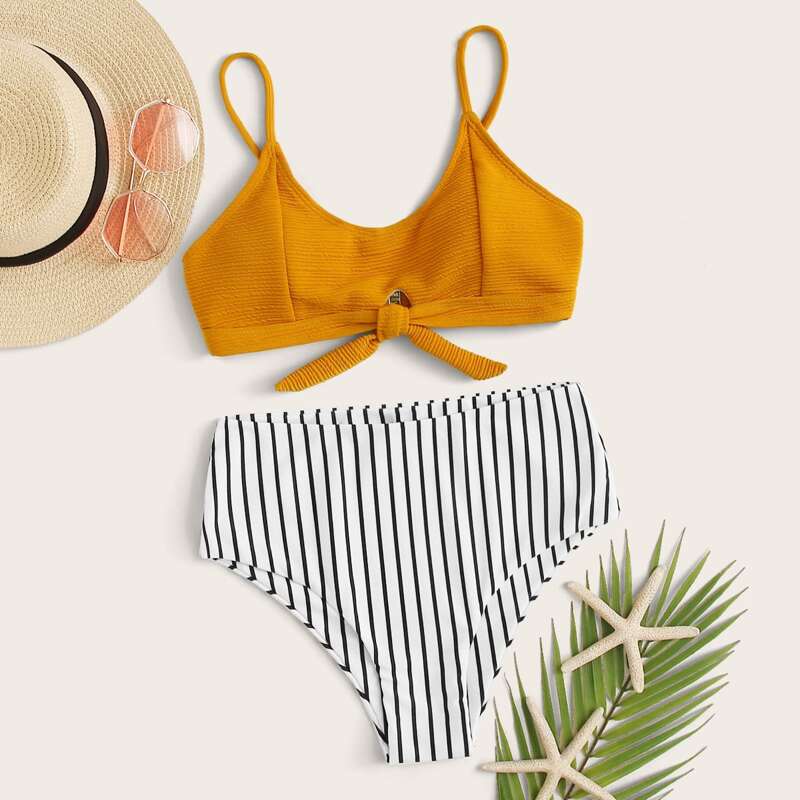 

Knot Top With Striped Print Bikini Set, Multicolor