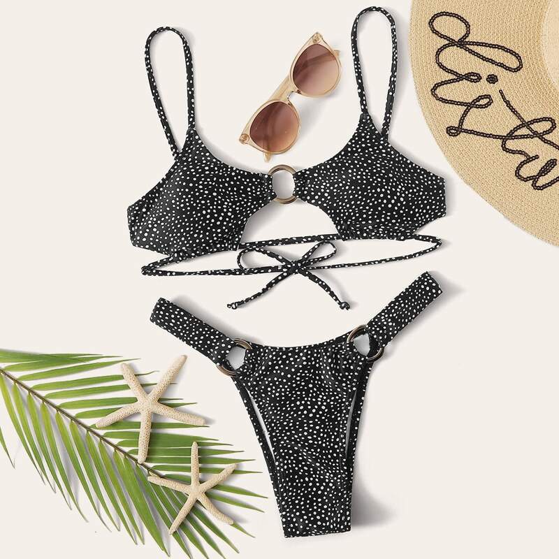 

Ring Linked High Leg Dalmatian Bikini Swimsuit, Black and white