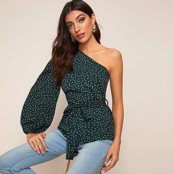 

One Shoulder Self Tie Polka Dot Blouse, Green