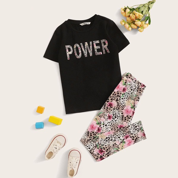 

Girls Letter Graphic Tee and Leopard Leggings Set, Multicolor