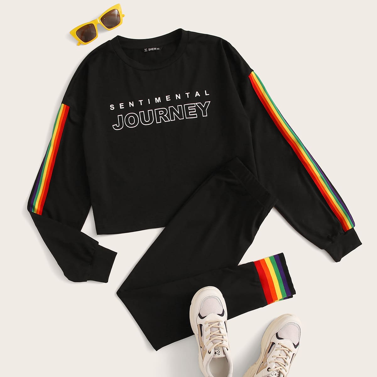 

Rainbow Striped Tape Detail Pullover & Leggings Set, Black