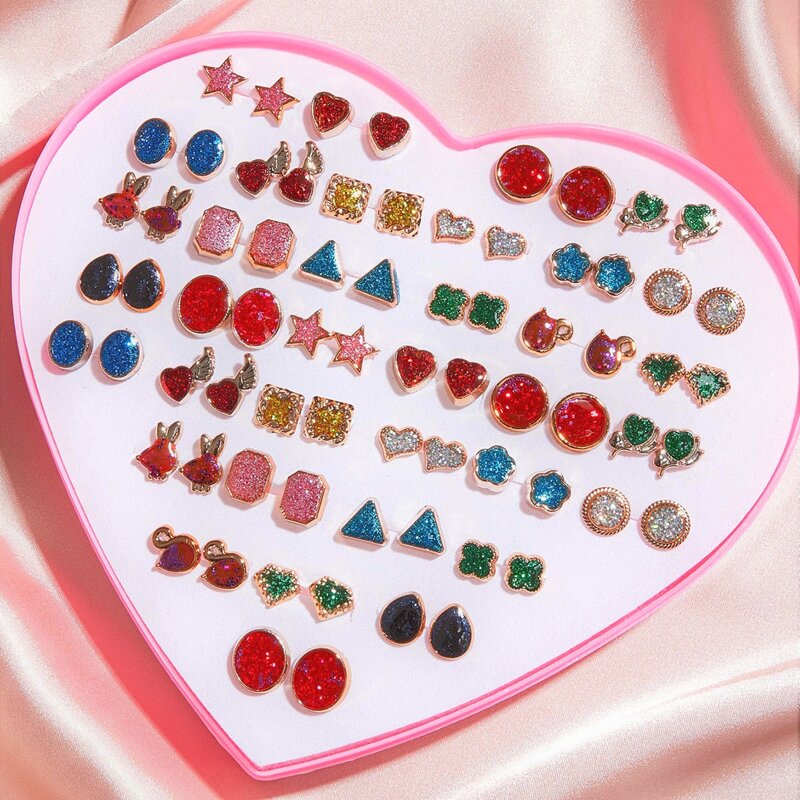

36pairs Glitter Star & Heart Shaped Stud Earrings, Multicolor