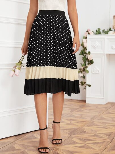 Color-block Polka Dot Midi Pleated Skirt