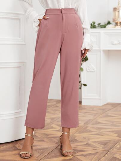 Slant Pockets Solid Tailored Pants