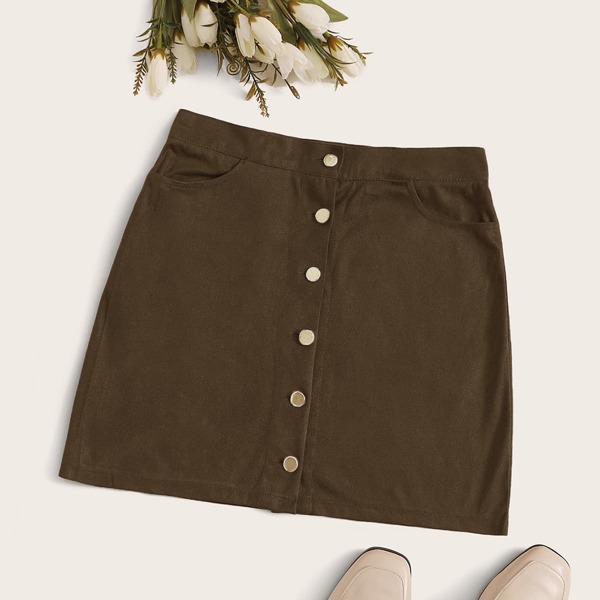 

Button Through Suede Mini Skirt, Brown